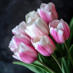 Fototapeta premium Bouquet of pink and white tulips on a dark background. Bouquet of fresh pink and white tulips close-up