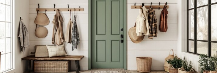 Rustic Farmhouse Entryway Decor With Wooden Bench And Hats
