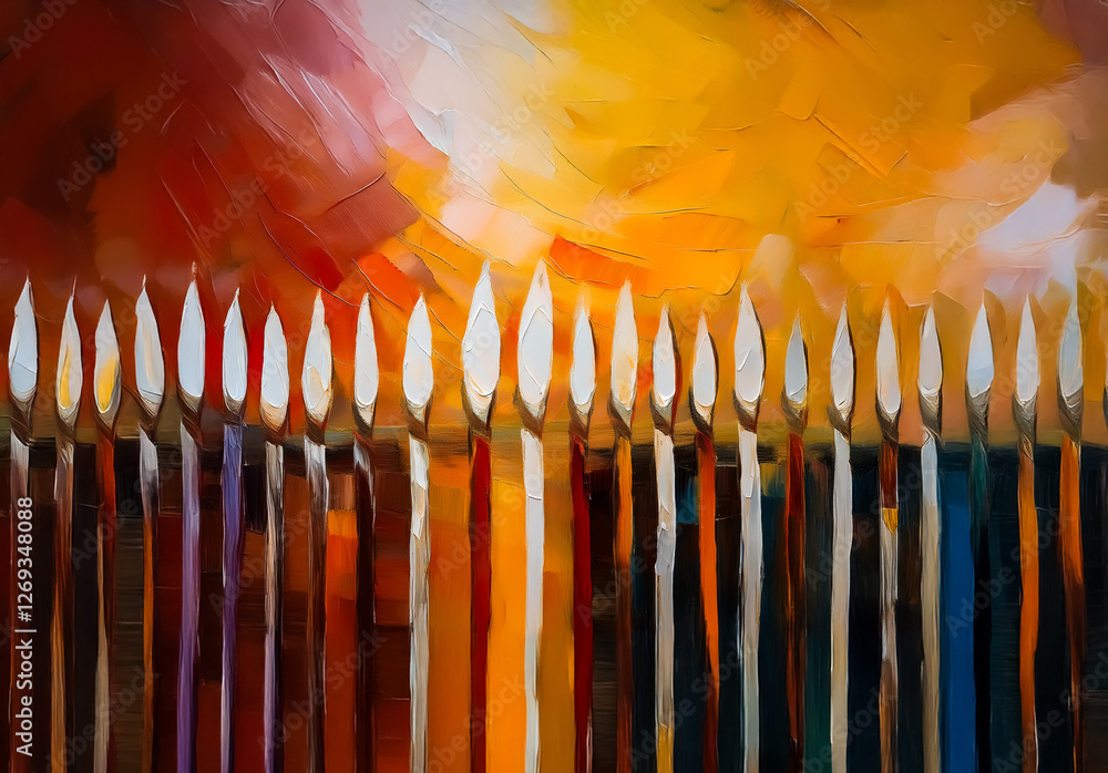 Poster abstract painting with vertical lines in varied colors and pointed tips, set against a blurred, warm