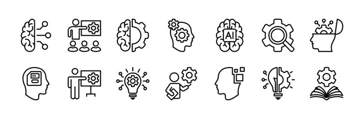 Machine learning technology line icon set. Contains artificial intelligence or ai, brain, education, digital, automation, innovation, science, robotic, futuristic, intelligence. Vector illustration