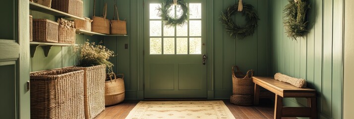 Green Entryway With Wicker Baskets And Greenery