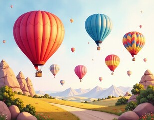Colorful Hot Air Balloons Soaring Over Scenic Landscape