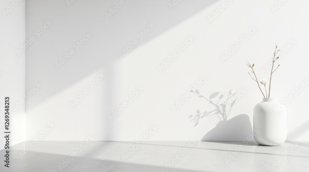 Poster serene minimalist interior with simple white vase and delicate blooms casts shadow on pristine wall