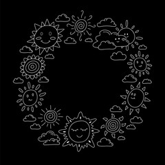 Circular line art of suns and clouds