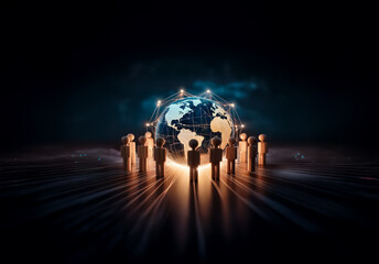 A group of stylized figures encircles a glowing globe, connected by radiant lines in a digital space.  The scene evokes themes of global networking and interconnectedness.