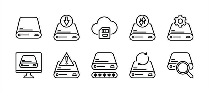 Computer hard disk drive technology thin line icon set. Containing save, data storage process, memory cloud, data transfer, setting, warning, password key, searching, process. Vector illustration