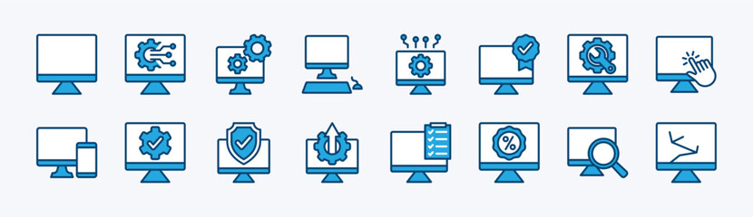 Set of Computer monitor device technology icon. Containing settings, display, touch screen, guarantee, repair, mobile, protection, discount, search, specification, list, upgrade. Vector illustration