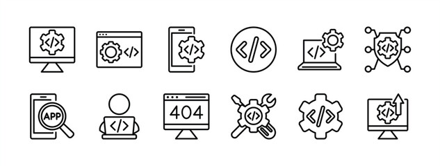 Computer and mobile programming code thin line icon set. Contains coding, software development, application, programmer, testing, website, 404, error, button, technology, setting. Vector illustration