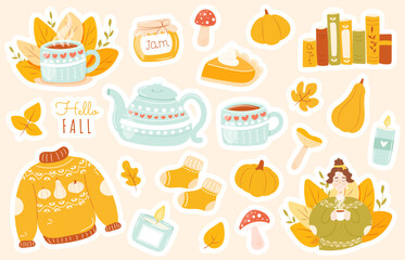 Set of cozy autumn stickers with cute seasonal vector elements - pumpkin, leaves, fall mug with tea or coffee, pumpkin pie, girl in warm sweater, teapot, hello fall, mushrooms, socks, books and so on