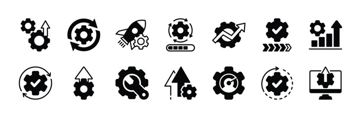 Upgrade, update, progress, process, development and improvement icon vector set. Containing startup, maintenance, repair, speed, setup, configuration, installation, technology, growth bar