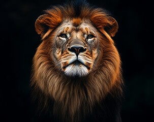Fototapeta premium Majestic Lion Portrait Intense Gaze of an African Predator in Dark Setting Wildlife Photography Strength and Power Embodied