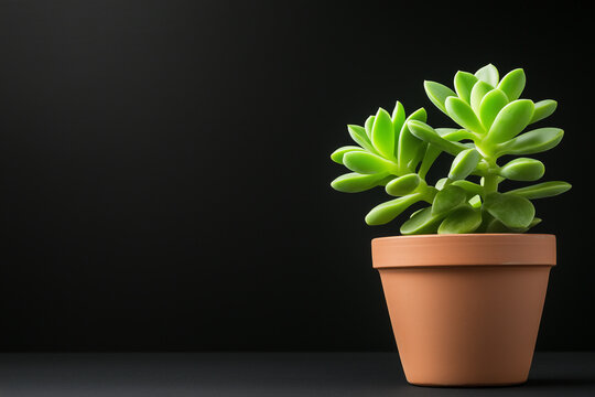 Burros tail succulent gracefully spilling over terracotta pot edge against a black background