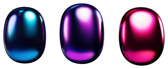 Three Shiny Metallic Spheres in Blue, Purple, and Pink