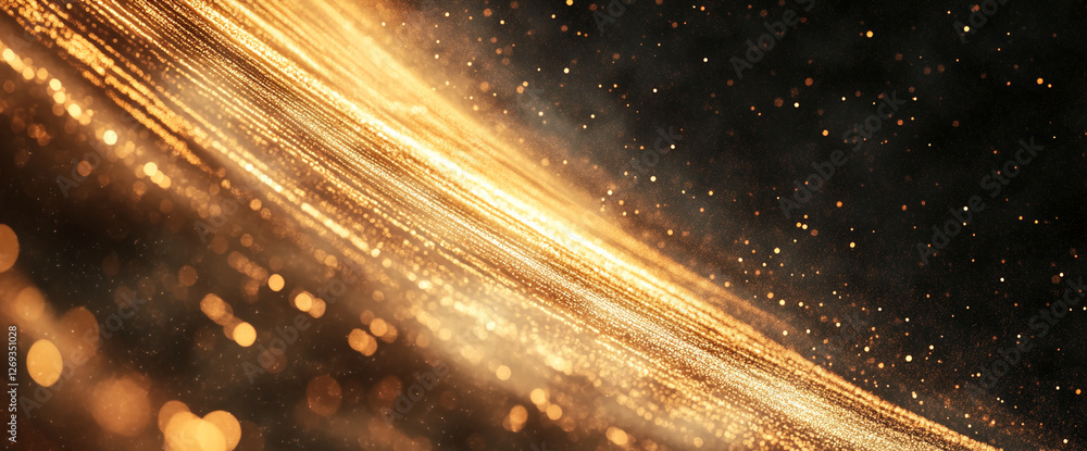 Poster close-up view of a golden sparkling light trail with shimmering particles on a dark background, symb