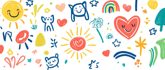 Fototapeta premium Cute doodle style, colorful drawings of various simple symbols flowers and hearts, clouds, stars, lines png