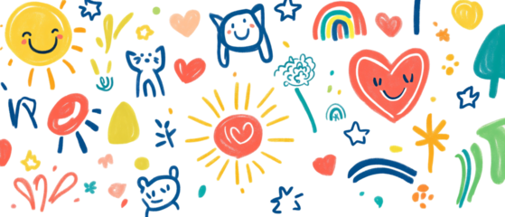 Cute doodle style, colorful drawings of various simple symbols flowers and hearts, clouds, stars, lines png