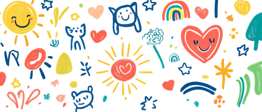 Cute doodle style, colorful drawings of various simple symbols flowers and hearts, clouds, stars, lines png - Powered by Adobe