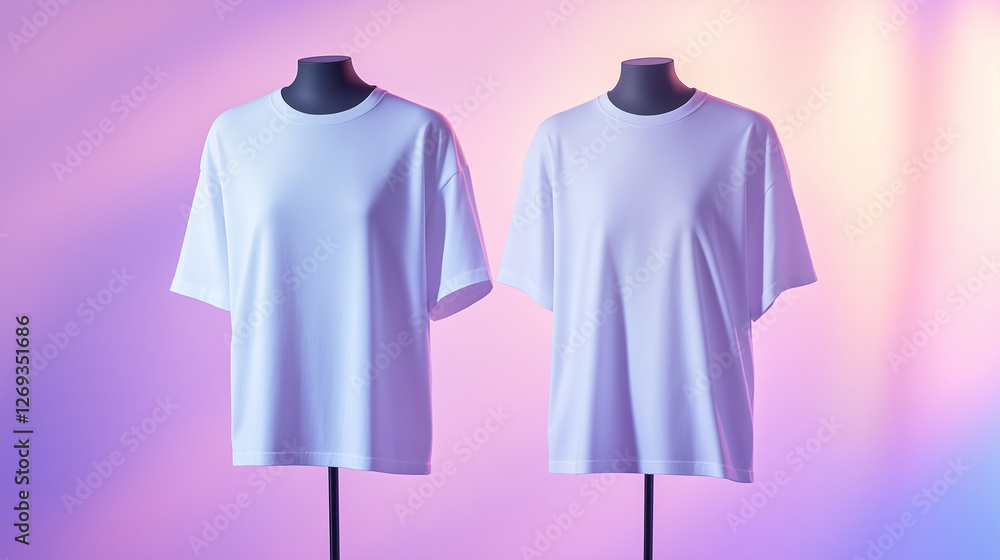 Poster a floating white t-shirt, showing both the front and back view side by side, presented on an invisib
