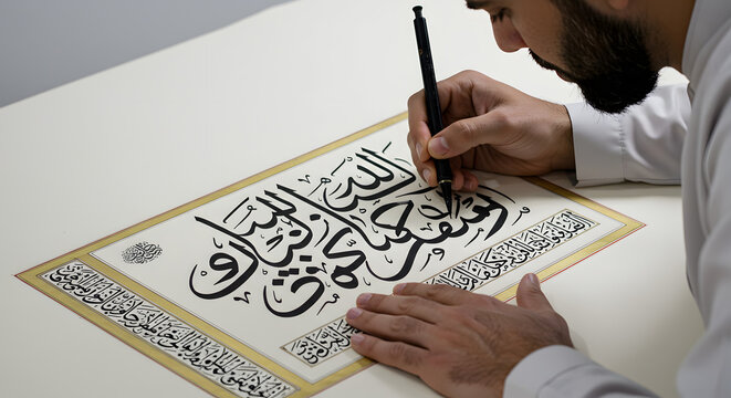 A calligrapher writing verses from the Quran in elegant script