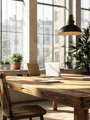 Wooden table in sunny office with big windows
