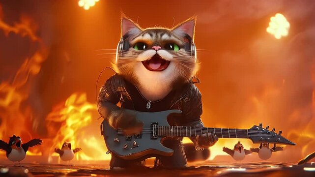 A fierce rockstar cat electrifies the stage with a guitar solo, surrounded by flames and energy. A perfect mix of music, rebellion, and feline charm for rock, animation, and entertainment themes