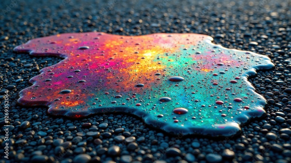 Poster An iridescent spill of vibrant, multicolored liquid rests on a bed of dark pebbles, reflecting light and showcasing a captivating interplay of textures and colors.
