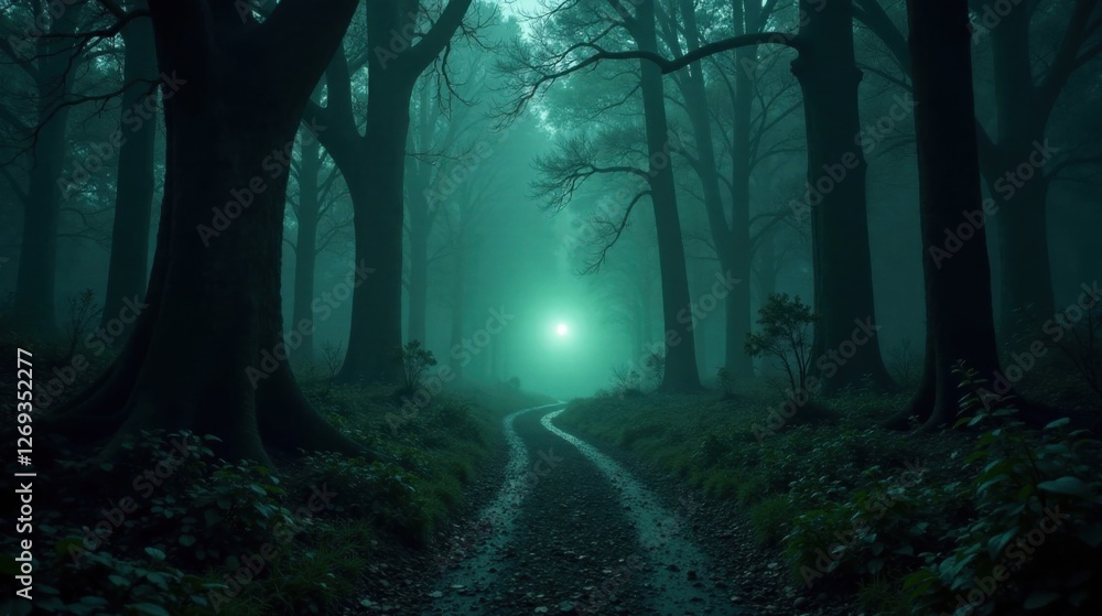 Poster Mysterious Forest Path Winding Through Enigmatic Fog-Shrouded Trees Towards an Ethereal Glow