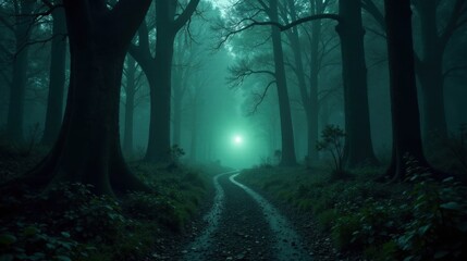 Mysterious Forest Path Winding Through Enigmatic Fog-Shrouded Trees Towards an Ethereal Glow