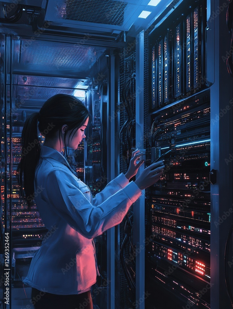 Poster a woman in a data center and information technology environment, depicted as an engineer configuring