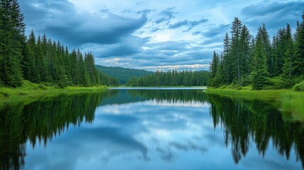 Fototapeta premium Serene mountain lake reflecting a cloudy sky. Tranquil forest landscape. Nature photography