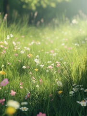 Beautiful spring meadow with grass and flowers in sunlight background banner, spring themed designs, nature projects, backgrounds, greeting cards, and floralthemed marketing materials. © Johannes