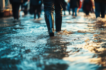 Fototapeta premium A flooded street in a city with people walking through after a storm