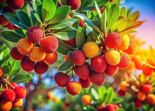 Vintage Photo: Strawberry Tree with Ripe Red Fruits, Mediterranean Sunlight