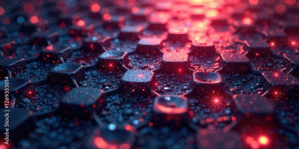 Poster Abstract Hexagonal Structure with Glowing Red Accents and Dark Surface Texture