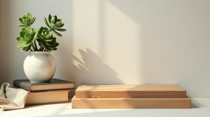 Sunlit Still Life with Succulents and Books on Wooden Display