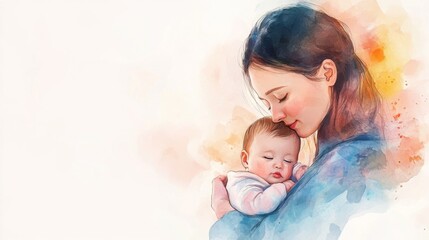 Tender mother holding baby loving embrace watercolor painting art illustration woman child infant girl family portrait motherly love gentle