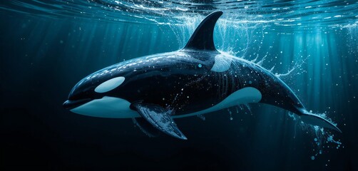 Obraz premium Orca swimming gracefully in black background with vibrant aqua tones highlighting its playful nature and fluid movement 