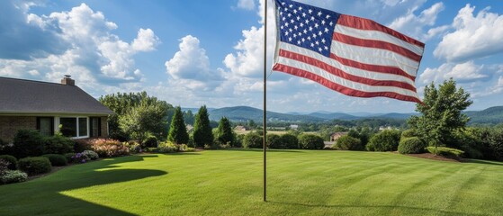 Large Flag Embracing Serene Landscapes in a Beautiful Backyard