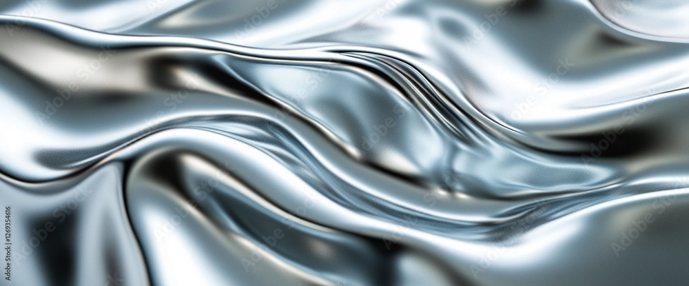 Aufkleber close-up view of smooth metallic silver fabric with soft folds, showcasing a luxurious and reflectiv