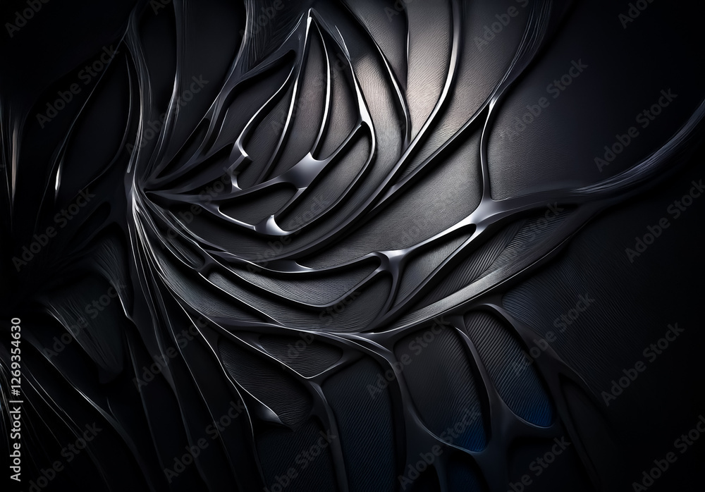 Aufkleber Dark, abstract design featuring flowing, curved lines resembling organic growth or veins on a dark metallic surface.  Intricate and mysterious pattern in shades of black and gray.