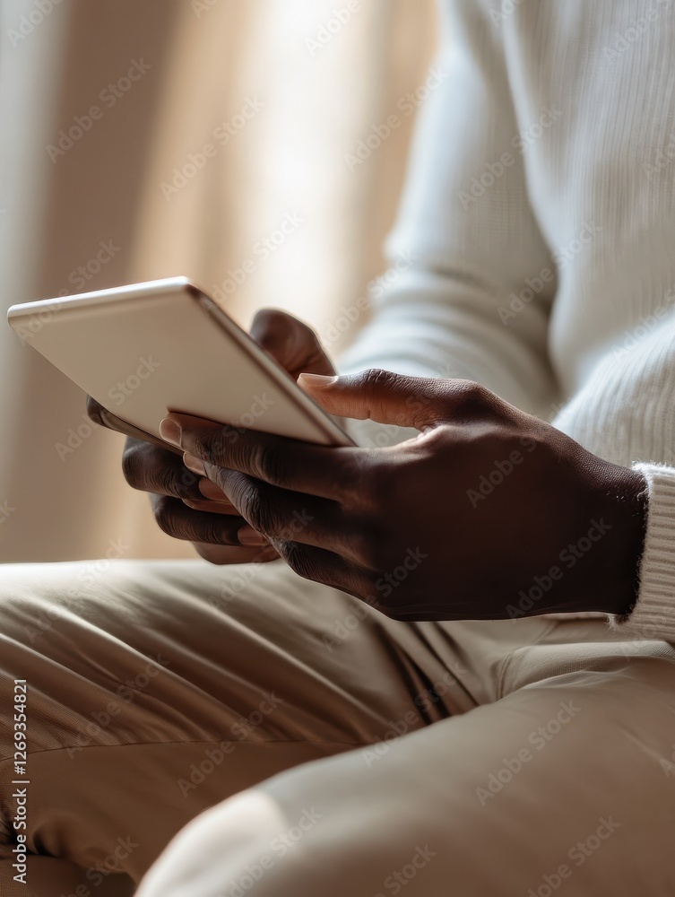 Poster selective focus. close up of black man's hands holding digital tablet with reflective touchscreen su