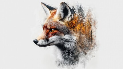Obraz premium Autumn Fox Double Exposure Illustration with Forest and Fox Features