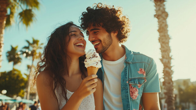 A young Latin couple sharing an ice cream cone while strolling through a lively park on a sunny afternoon. 