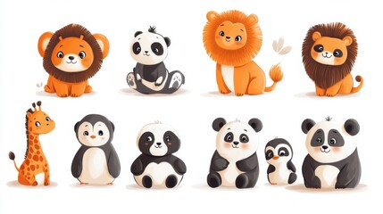 Naklejka premium An Adorable baby animals playful cute elephant tiger lion penguin bear cartoon illustration animal wildlife fauna zoo safari jungle nature happy