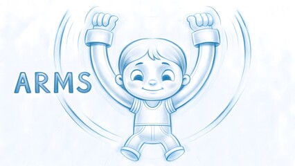 Fototapeta premium Joyful child raising arms in celebration indoor play space illustration bright and cheerful environment eye level perspective emphasizing happiness and energy