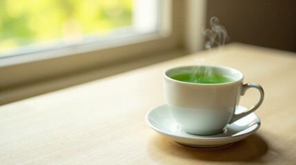 Obraz premium A steaming cup of green tea sits on a light wooden table next to a sunlit window, offering a moment of tranquility and warmth.