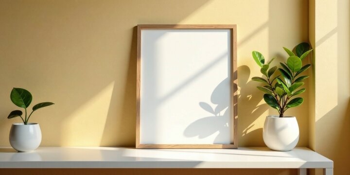 Fototapeta A blank frame with potted plants rests on a minimalist shelf bathed in sunlight