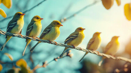 Naklejka premium A row of vibrant yellow birds perched on a wire in soft sunlight, symbolizing harmony, freedom, and nature’s beauty, perfect for wildlife photography and inspirational themes
