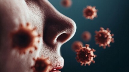 Close-up of a human face with floating virus particles