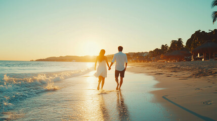 An Asian couple walking playfully along the shoreline.